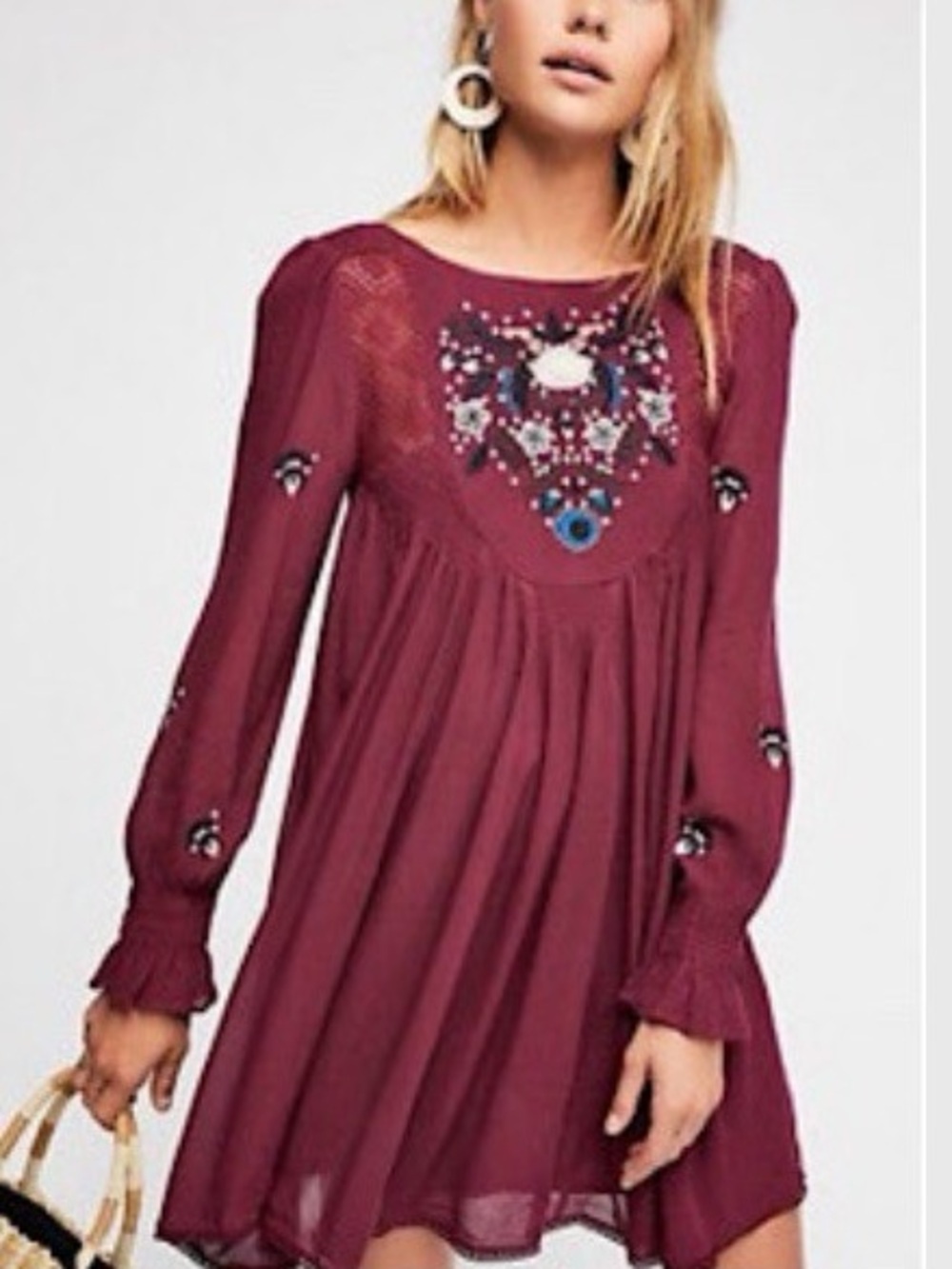 Free People Mohave Embroidered Long Sleeve Mini dress Size Medium